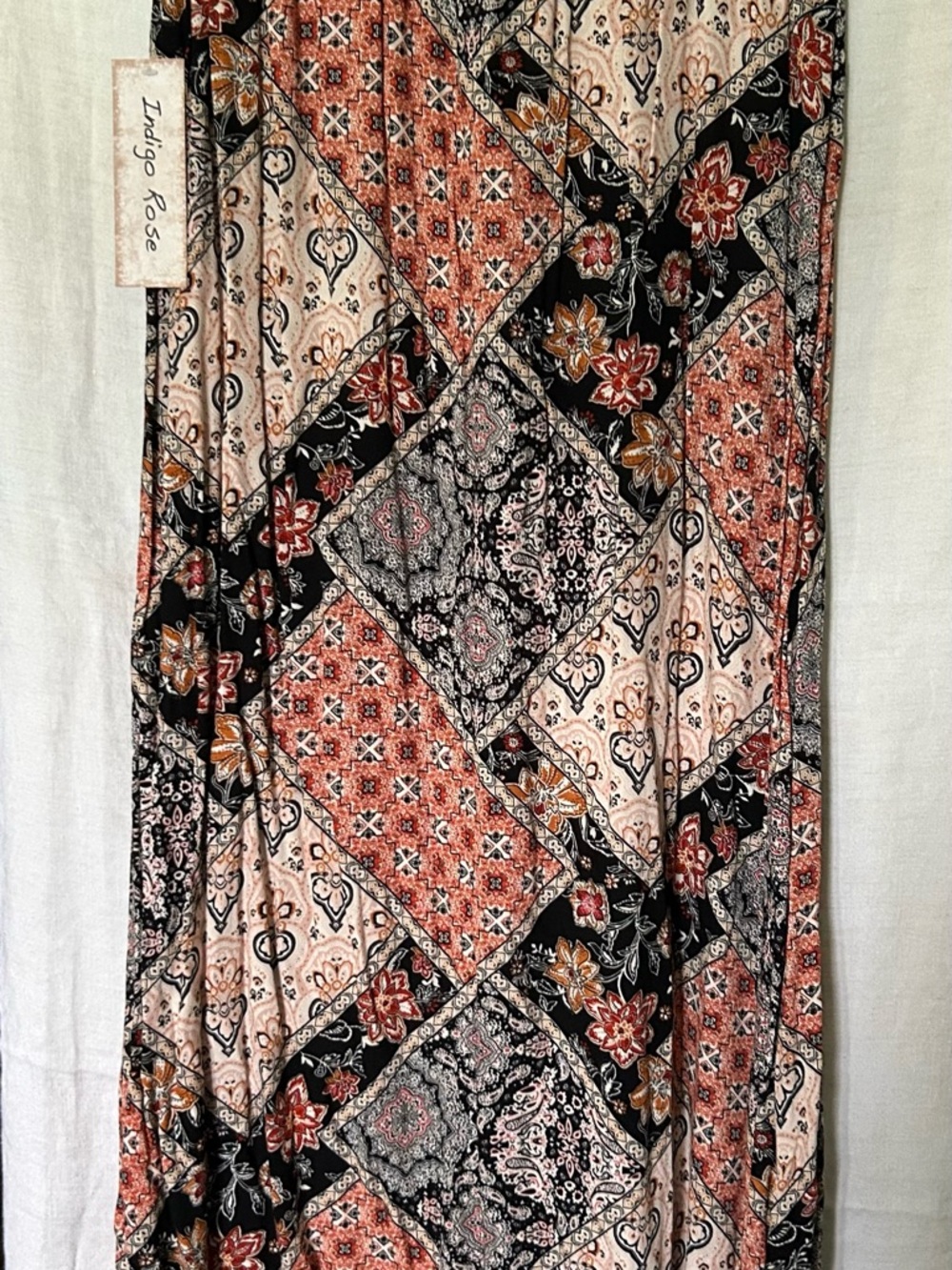 Indigo Rose Patchwork Floral Maxi Skirt in Black, Cream & Rust
